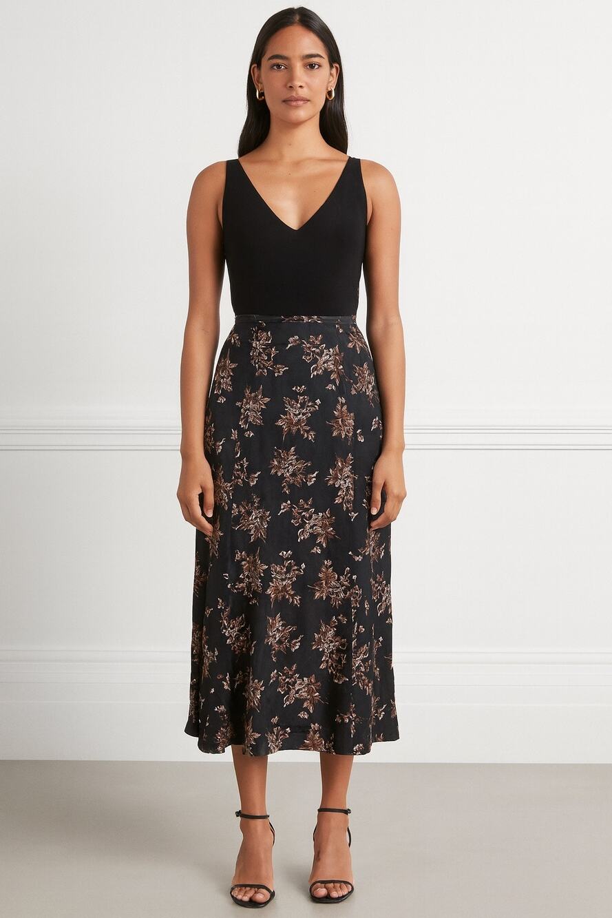 Vintage Anise Women’s Midi Slip Skirt Satin Chocolate Brown Floral Size 14 Fairy